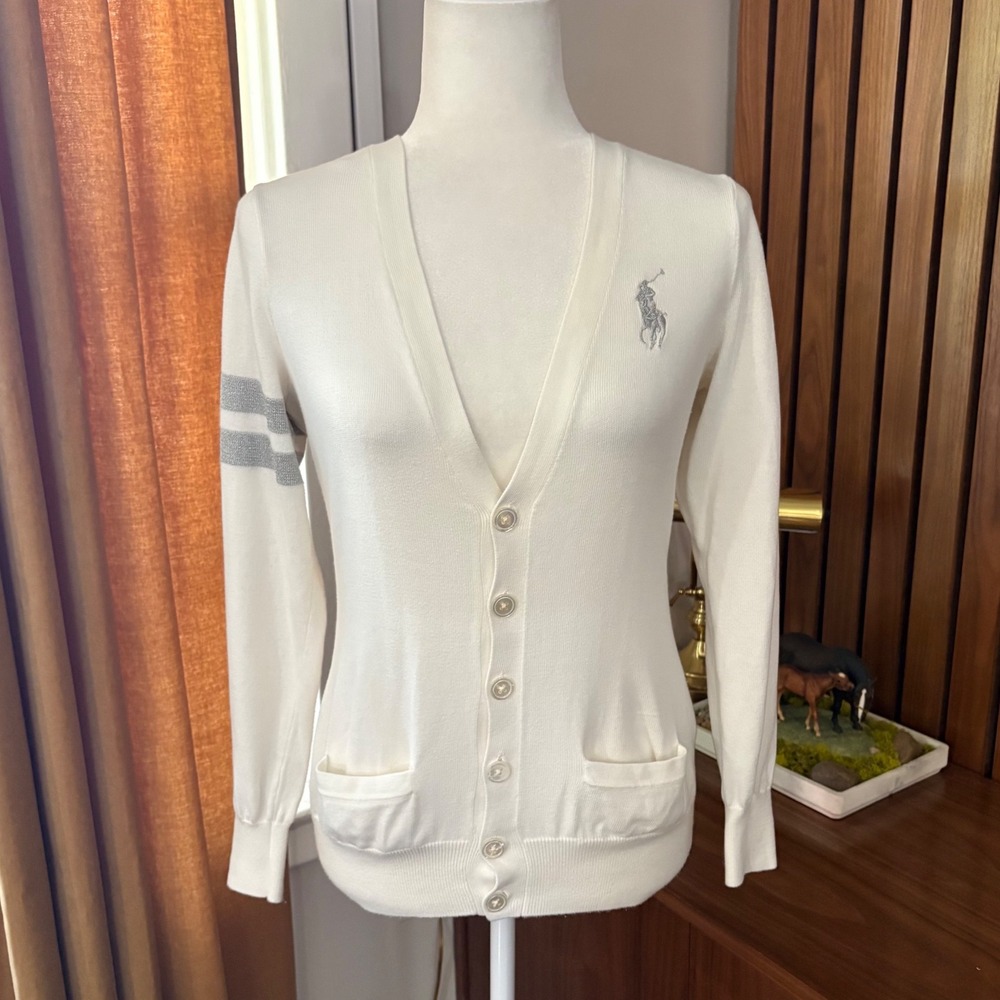 Ralph Lauren White Italian Cotton Cardigan Silver Pony Stripe Sweater Mens M